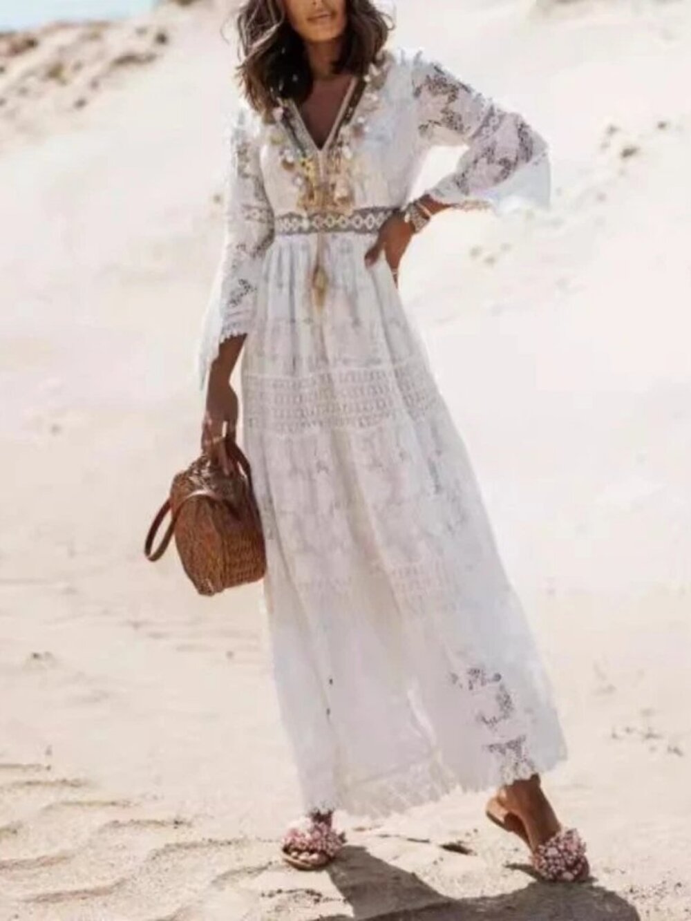 Women's Boho Maxi Lace V Neck Flare Sleeve Dress Summer Party Beach Sundress - Picture 3 of 5